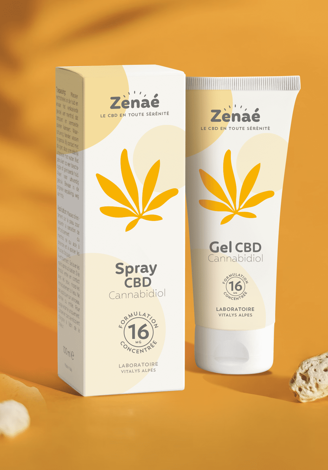 Création packaging Zenaé, feuille de cannabis stylisée orange. Création de marque, branding