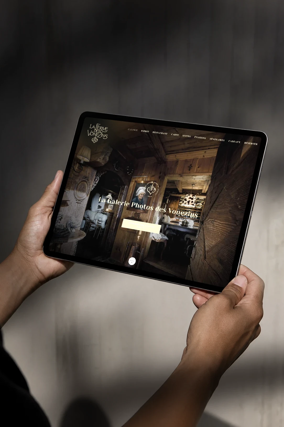 Galerie photographique du site internet de La Ferme des V&ocirc;nezins affich&eacute;e sur tablette.