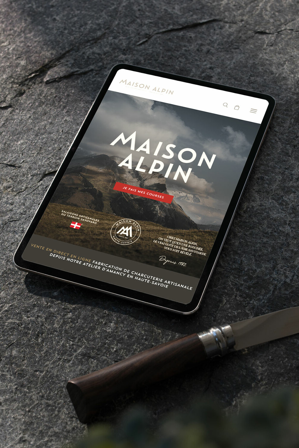 Page d'accueil du site de la célèbre salaison Maison Alpin à Amancy en Haute-Savoie - Blue1310 agence de communication - graphiste - à Annecy en Haute Savoie