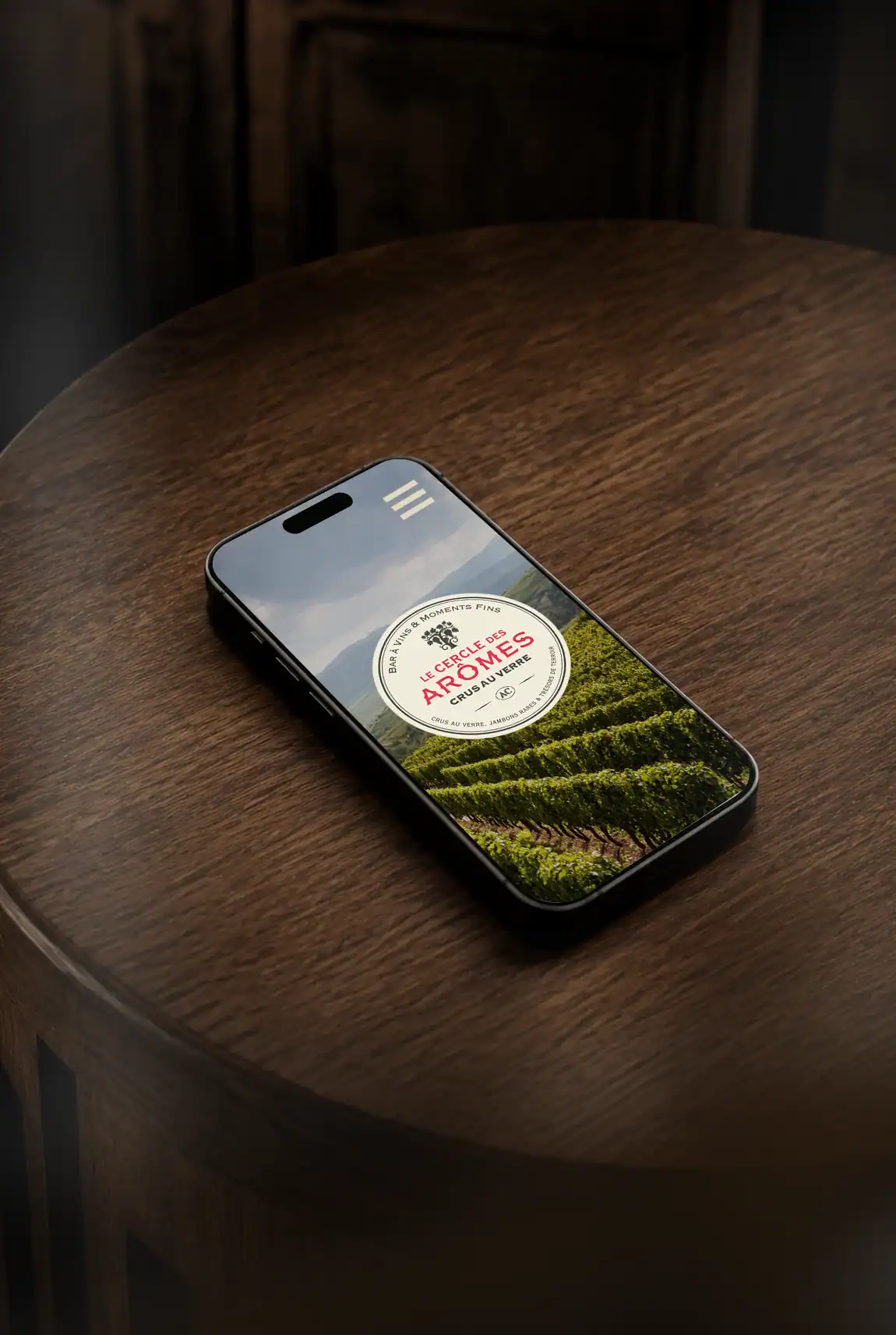 Site mobile du Cercle des Ar&ocirc;mes pr&eacute;sent&eacute; sur un smartphone avec photographie de raisins.