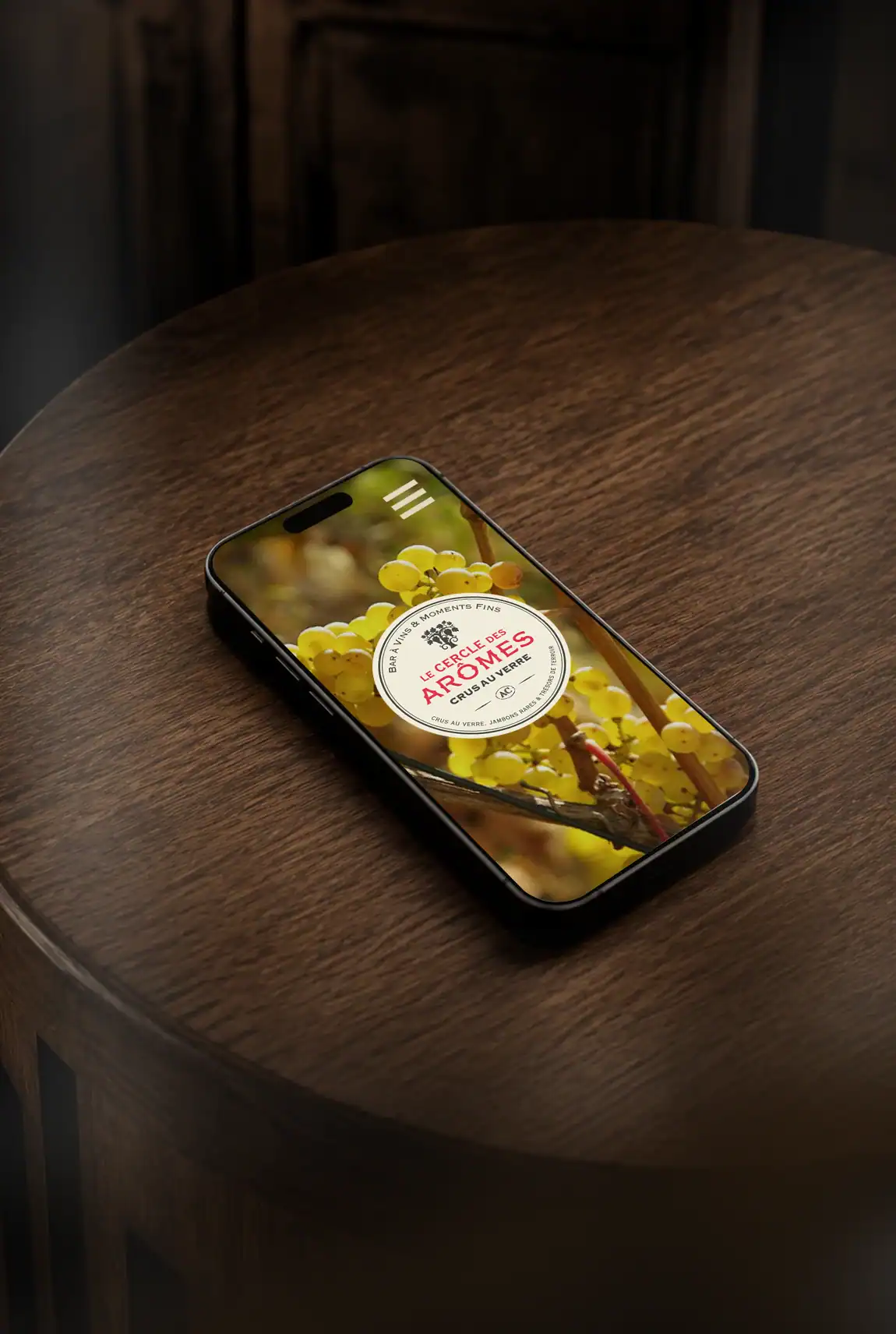 Site mobile du Cercle des Ar&ocirc;mes pr&eacute;sent&eacute; sur un smartphone avec photographie de raisins.