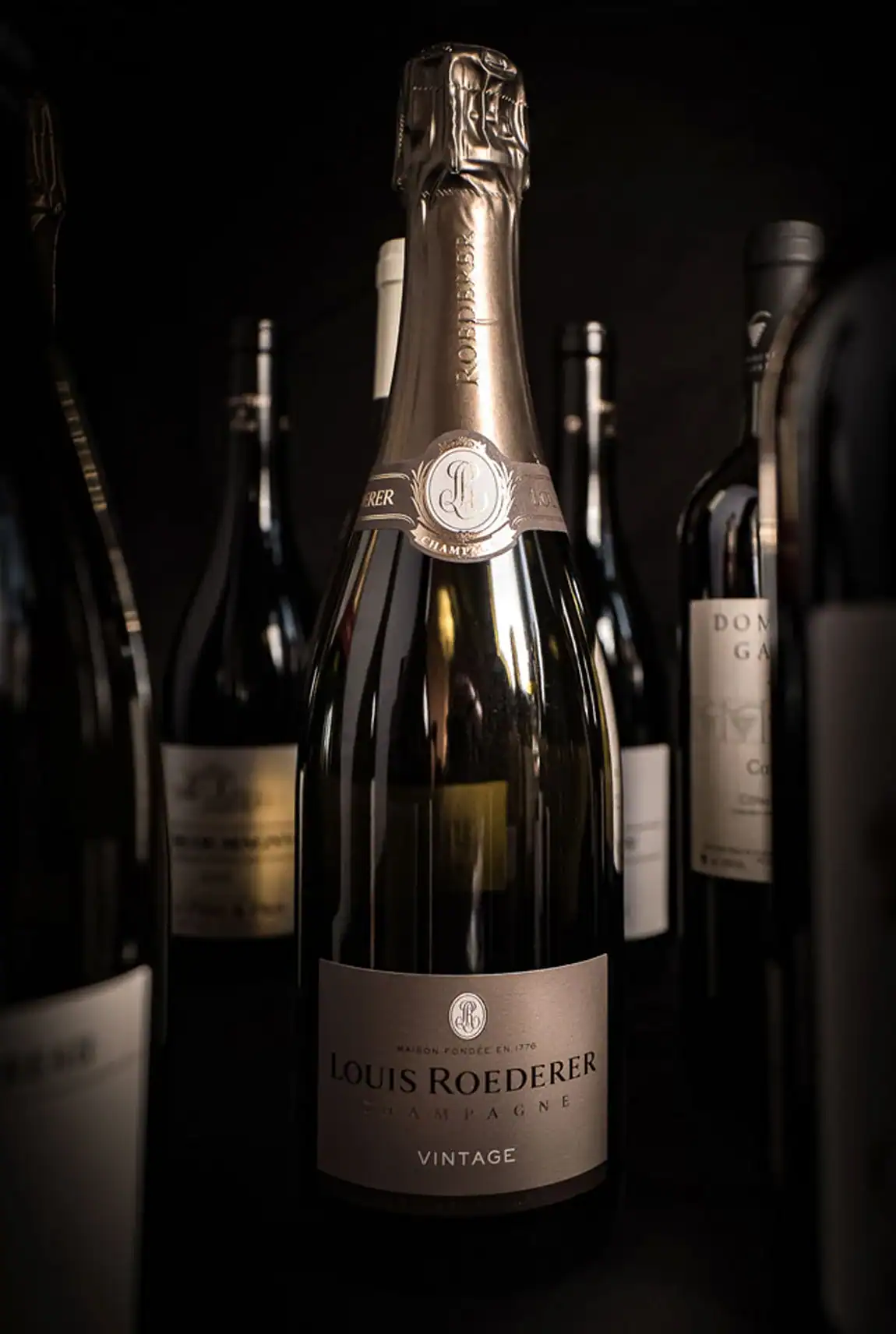 Bouteille de champagne Louis Roederer tenue dans les mains lors d&rsquo;une d&eacute;gustation.