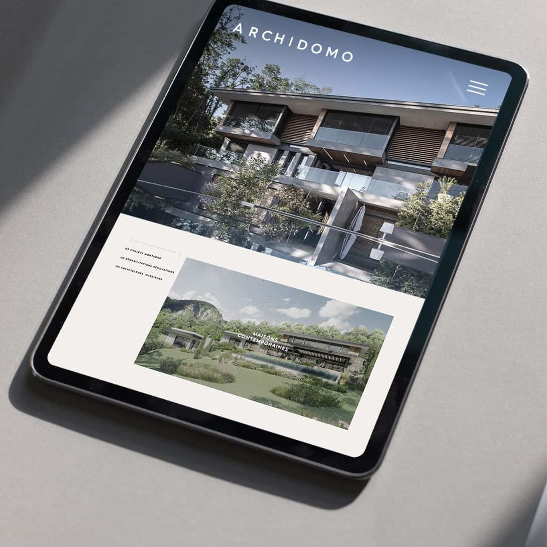 Home du site internet des architectes Archidomo à Talloires en Haute-Savoie - Blue1310 agence de communication - graphiste - à Annecy en Haute Savoie