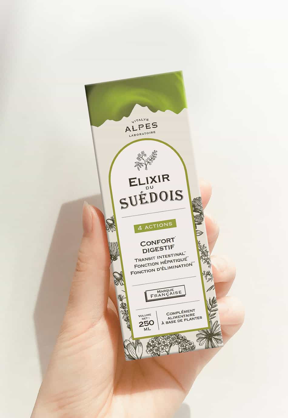 Packaging Elixir du Suedois aux plantes confort digestif- Vitalys. Création de packaging à Annecy