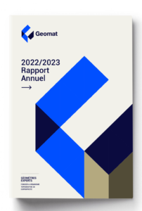 Édition, présentation de la nouvelle identité visuelle du groupe de Géomètres experts Geomat. Graphiste Annecy