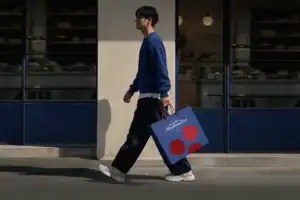 Application du branding Biscuiterie de Montmartre – sac shopping bleu à pois rouges porté en situation urbaine.