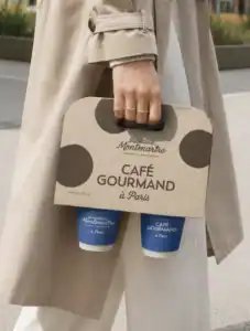 Sac à emporter de la Biscuiterie de Montmartre en carton beige avec logo manuscrit et motif pois-macaron, tenant deux gobelets de café.