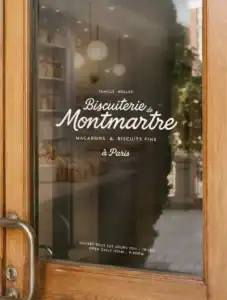 Vitrine de la Biscuiterie de Montmartre avec logo manuscrit, reflet des rues parisiennes et éclairage intérieur chaleureux.