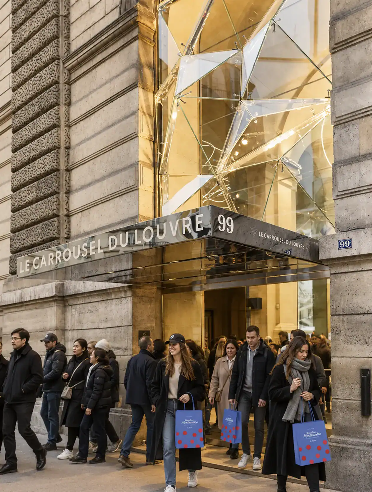 Groupe de clients sortant du Louvre avec sacs de la Biscuiterie de Montmartre, sacs bleus à pois rouges et logo manuscrit.