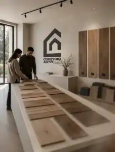 Direction artistique et identité de marque pour Comptoir Alpin, espace matériaux et parquet en Haute-Savoie par Blue1310