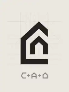 Schéma de construction du logo Comptoir Alpin, avec grille et proportion des éléments C + A + silhouette maison.