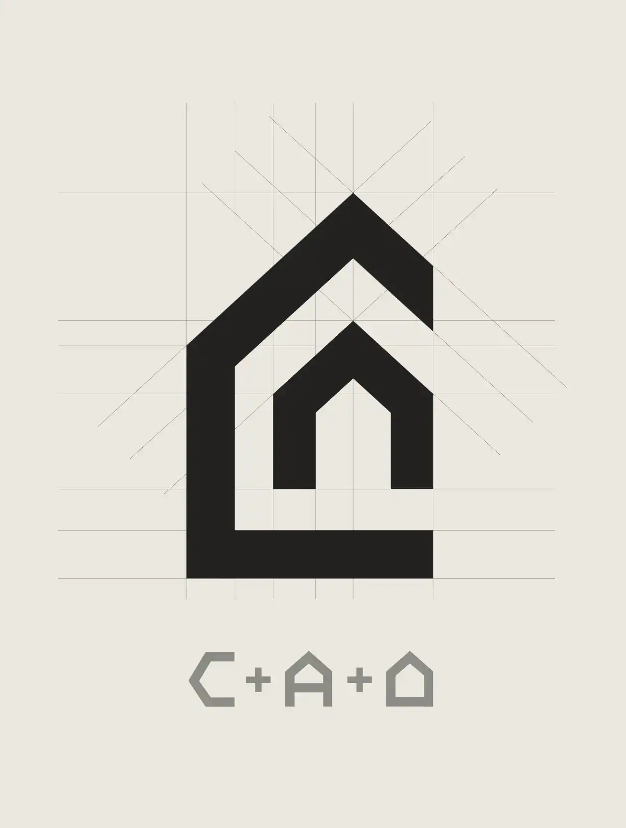 Sch&eacute;ma de construction du logo Comptoir Alpin, avec grille et proportion des &eacute;l&eacute;ments C + A + silhouette maison.