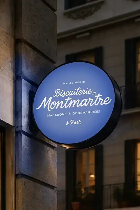 Rebranding de la Biscuiterie de Montmartre à Paris, nouvelle identité visuelle et enseigne de boutique