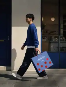 Client portant sac avec branding Biscuiterie de Montmartre – Genève