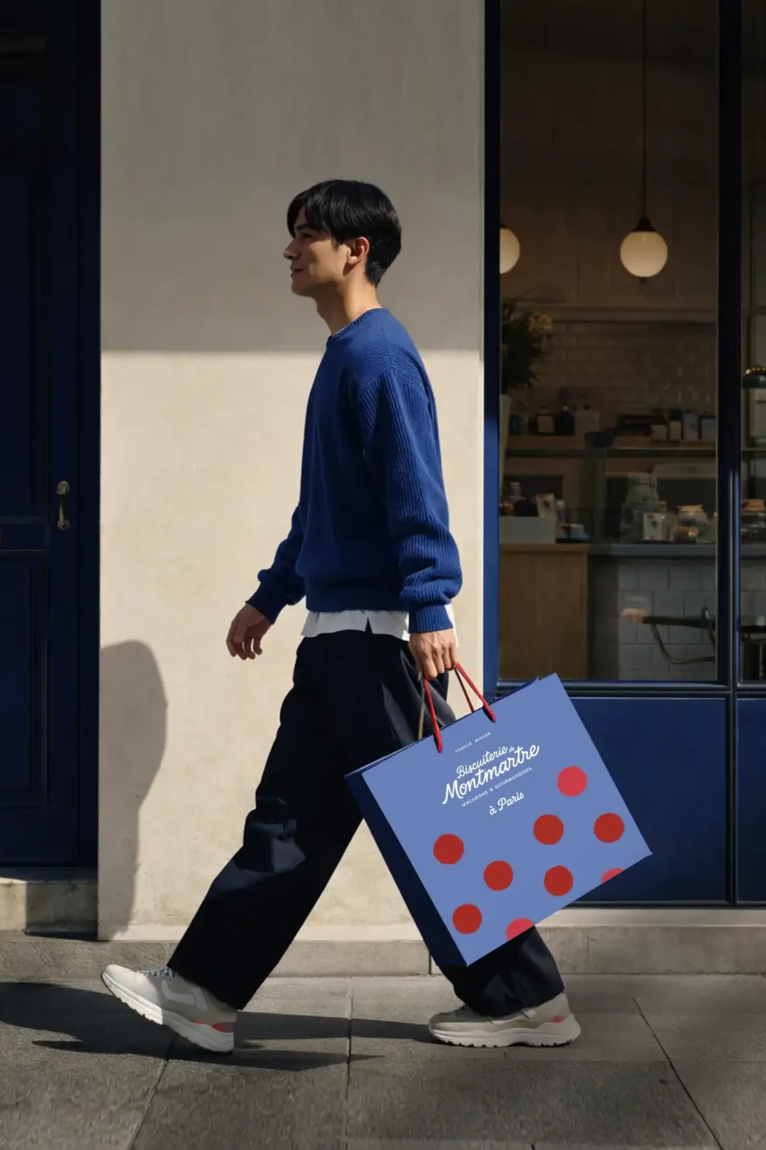 Client portant sac avec branding Biscuiterie de Montmartre – Genève