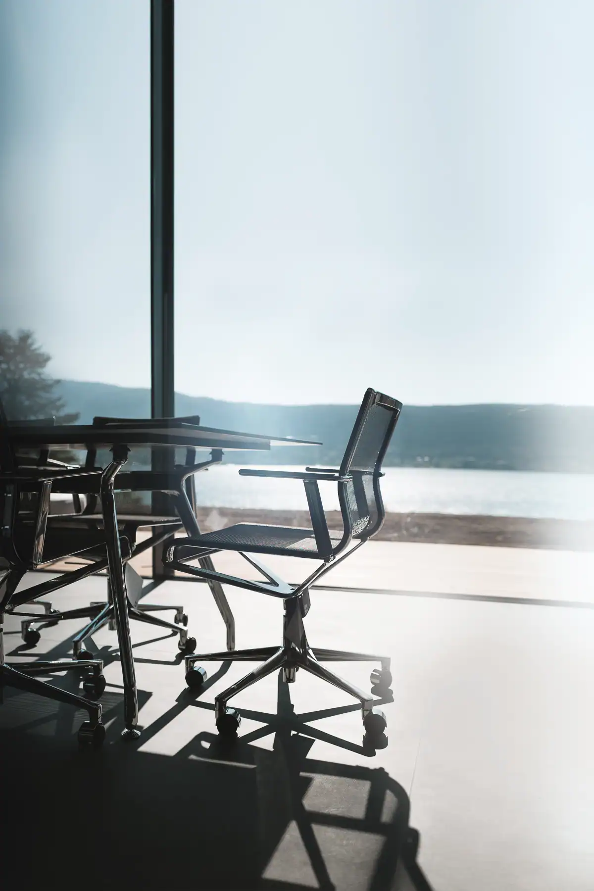Fauteuil de bureau Vitra Eames Aluminium Chair face au lac dans un intérieur contemporain